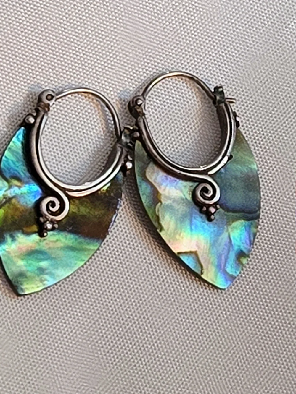Sterling Silver Abalone Shell Teardrop Hoop Earrings - Iridescent Green - Picture 3 of 4